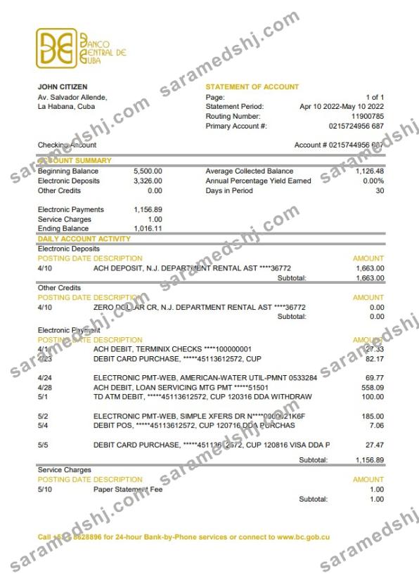 Cuba Banco Central de Cuba bank statement xls